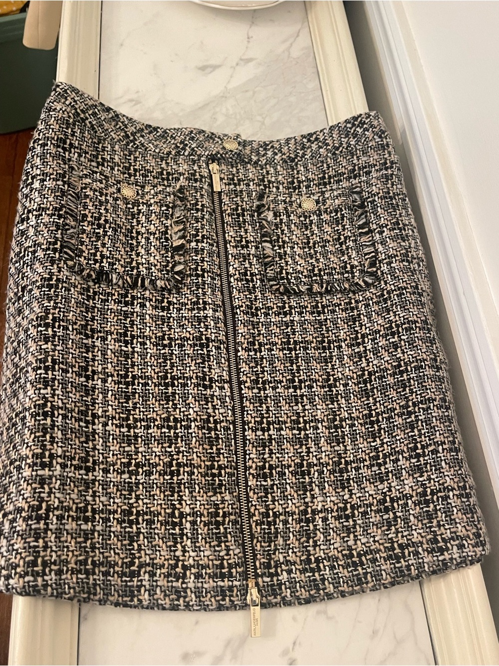 Karl Lagerfeld Black and White Tweed Mini Skirt with Front Zip